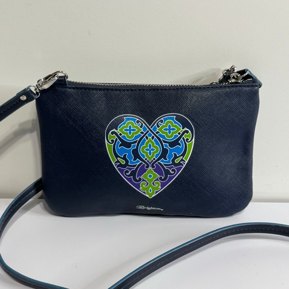 Brighton Black Leather Crossbody Bag Multicolor Heart Art Zip Top Designer Purse - Picture 4 of 8